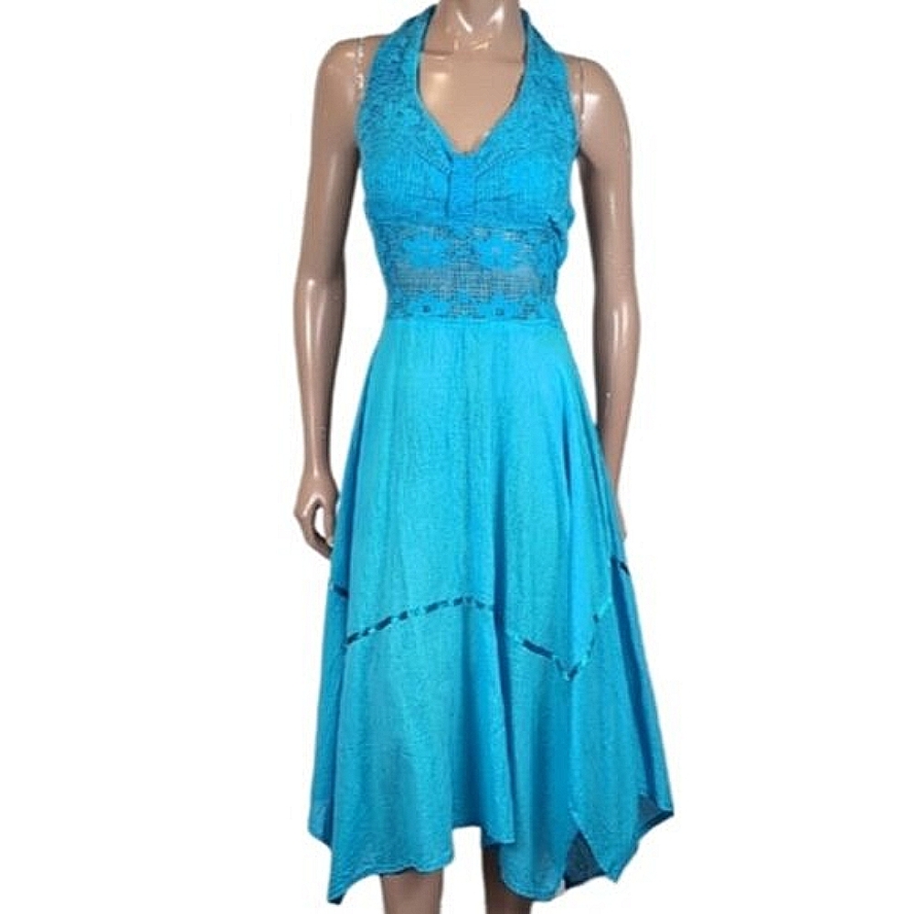 Vintage Grecian Sun Dress Aqua Gauze Goddess Halter Handkerchief Crochet Maxi